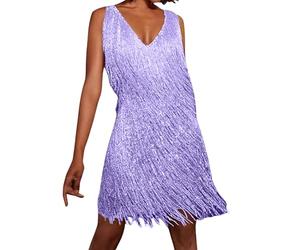 Generisch Abito glitterato da donna Tina Turner con frange, ocra/oro, abito da discoteca 70s, costume da donna anni '20 Charleston, B07 viola, L