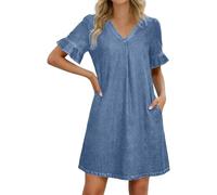 Generisch Abito in jeans da donna, lunghezza al ginocchio, abito estivo con scollo a V, casual, elegante, con tasche, leggero, mini abito da spiaggia, comodo per il tempo libero, Azzurro, XL