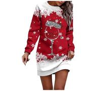 Generisch Abito in lana da donna, lunghezza al ginocchio, stampa natalizia, scollo rotondo, a maniche lunghe, abito casual stretto bianco, Colore: rosso, XL