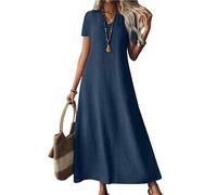 Generisch Abito in lino per donna, a maniche corte, scollo a V, casual, maxi, fluido, per spiaggia e vacanza Abito in lino da donna, Blu scuro, S