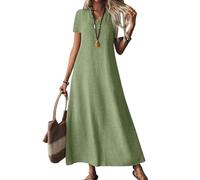 Generisch Abito in lino per donna, a maniche corte, scollo a V, casual, maxi, fluido, per spiaggia e vacanza Abito in lino da donna, verde, S