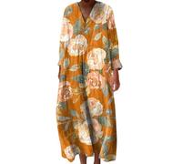 Generisch Abito in mussola da donna, estivo, da spiaggia, con scollo a V, casual, vintage, con stampa floreale, per il tempo libero, leggero, largo, arioso, estivo, a doppio scopo, Hot Rosa-e, L