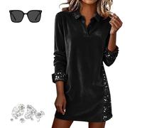 Generisch Abito in velluto con paillettes, abito patchwork casual a maniche lunghe, abbottonatura e risvolto corto, mini abito scintillante per feste, feste e Natale, Nero , S