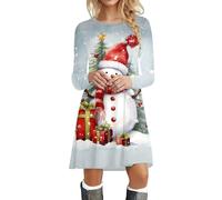Generisch Abito lungo al ginocchio elegante Natale stampato girocollo manica lunga Abito da donna a maniche lunghe stretto, bianco, M