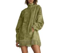 Generisch Abito lungo con frange con colletto alto, tasche come casual, elegante tunica per un look quotidiano in una larghezza elegante, verde, S