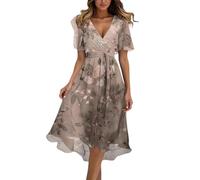 Generisch Abito lungo da donna in chiffon boho con cintura 2025, abito estivo da festa, elegante scollo a V, abito da sera, con volant, abito da spiaggia, cocktail, in chiffon, oro rosa-k, 3XL