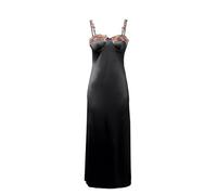 Generisch Abito lungo da donna in raso con ricamo floreale - Elegante maxi camicia da notte per serate speciali | Abito da lingerie seducente in nero, Stil_w02 Nero, L