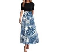 Generisch Abito lungo floreale elegante boho patchwork maxi abito da donna con cintura a vita impero a maniche corte moda casual 2025, Azzurro, XL