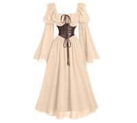 Generisch Abito Medievale da Donna Lungo, Stile Vintage con Maniche a Tromba, Abito da Laccetto, con Scollo Quadrato, Corsetto, Abito Monocromatico Elegante, da Sera, Rinascimento, Abito alla Moda per