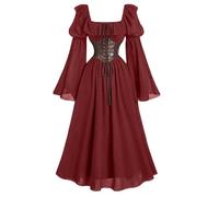 Generisch Abito Medievale da Donna Lungo, Stile Vintage con Maniche a Tromba, Abito da Laccetto, Scollo Quadrato, Corsetto, Abito Monocromatico, Eleganza, Abito da Sera, Rinascimento, Abito alla Moda