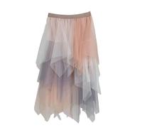Generisch Abito midi asimmetrico in rete multistrato con vita alta, taglio peplum fluido, per una fata elegante nella vita di tutti i giorni, Viola chiaro, M