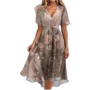 Generisch Abito midi in chiffon per la primavera e l'estate, elegante abito maxi bohémien con motivo floreale, scollo a V, maniche a volant, abito estivo in chiffon per la spiaggia