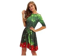 Generisch Abito natalizio da donna con scollo rotondo, design con stampa, casual, lunghezza media, figura sottile, verde, M