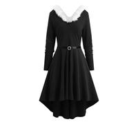 Generisch Abito natalizio da donna, elegante, a maniche lunghe, con collo in peluche, scollo a V, stile rockabilly, abito da ballo, abito vintage, Babbo Natale, costume da festa, abito da sera, 2-nero