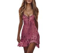 Generisch Abito nero in pizzo al ginocchio con bordo in pizzo, comodo, fluente, per estate, primavera, abbigliamento quotidiano, gita a casa, basic, elegante abito medievale da donna 52, Colore: rosso