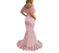 Generisch Abito premaman da donna, in pizzo, a maniche lunghe, con maniche svasate, maxi abito da donna, elegante, per feste, matrimoni, ballo, in tulle trasparente, Colore: rosa., L