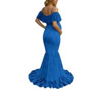 Generisch Abito premaman da donna, in pizzo, a maniche lunghe, con maniche svasate, maxi abito da donna, elegante, per feste, matrimoni, ballo, in tulle trasparente, Celeste., XL