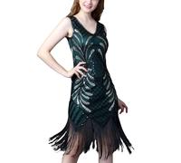 Generisch Abito retrò anni '20 con paillettes perline per ballo di fine anno, design senza maniche con doppio scollo a V, verde militare, M