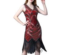 Generisch Abito retrò anni '20 con paillettes perline per ballo di fine anno, design senza maniche con doppio scollo a V, Colore: rosso, M