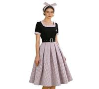 Generisch Abito Rockabilly da donna, a pois, scollo a V, maniche corte, aderente, con cintura, fascia per la testa, vintage, adatto per tutti i giorni, costumi medievali per Halloween e carnevale