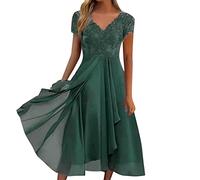 Generisch Abito Rosso Scollo A V Splicing Pizzo Cava Femminile Abito Lungo Damigella D'onore Abiti Da Sera Manica Lunga Mini Abito Donna, verde, L