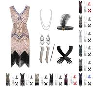 Generisch Abito vintage anni '20s, da donna, con flapper Charleston, con paillettes, orlo con nappe, cocktail, balli, cocktail, feste, costume da cocktail, scollo a V., A-nero., 4XL