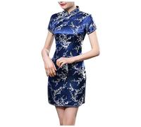 Generisch Abito vintage da donna a maniche corte, con scollo a tartaruga, body con canotta corta, vestito cinese, tang chinese, cheongsam performance, abito corto cheongsam, sportivo, elegante, Blu