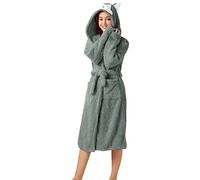 Generisch Accappatoio da donna in flanella, soffice accappatoio con cappuccio e doppia tasca, viso e orecchie, vestaglia con animali 3D, morbido e confortevole, O verde, M