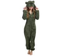 Generisch Accogliente pigiama in pile con occhi e orecchie di gatto per ragazze, tuta invernale, verde militare, 11-12 Anni