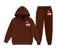 Generisch Alla moda, in due pezzi, comodo, di alta qualità, morbido, alla moda, dolce, con stampa a lettere di San Valentino, a maniche lunghe, con pantaloni da jogging, per medie e grandi, marrone, 2