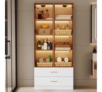 Generisch Armadietto da bagno medio largo 75 cm con barra luminosa a LED, 2 grandi cassetti e 2 ante (porta in vetro), armadio multiuso per bagno, soggiorno, corridoio, cucina