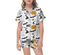 Generisch Baby 56 Ragazzi Halloween Set per ragazze con dolce stampa a pipistrello, biancheria da notte, pigiama, costume per bambini neonato, bianco, 8-9 Anni