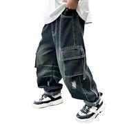 Generisch Baggy Jeans Ragazzi Straight Leg Denim Pantaloni Elastischer Bund Cargo Jeans Pantaloni da jogging 164 Gamba larga Jeans Bambini Barrel Denim Pantaloni da trekking Pantaloni per il tempo
