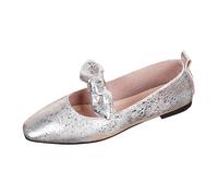 Generisch Ballerine da donna con grande fiocco e punta quadrata, eleganti pantofole piatte per l'ufficio, una festa di matrimonio o una passeggiata in città., Stile E03 argento, 36 EU