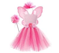 Generisch Bambino Halloween Custome Ragazza Vestito Da Principessa Tutu Mesh Vestito Con Ali Fata Bacchetta Magica Copricapo Set 4 Pezzi Potenza, Colore: rosa., 6-7 Anni
