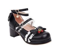 Generisch Bellissime scarpe da principessa per ragazze grandi con lacci in materiale PU decorato con tacchi spessi tacchi alti matrimonio balli pantofole bambino 1 anno, Nero , 32 EU