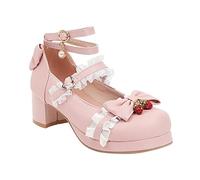 Generisch Bellissime scarpe da principessa per ragazze grandi con lacci in materiale PU decorato con tacchi spessi tacchi alti matrimonio balli pantofole bambino 1 anno, Colore: rosa., 35 EU