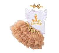 Generisch Bellissimo vestito di compleanno con gonna, comodo pagliaccetto perfetto per festeggiare il primo compleanno, elegante outfit da festa per bambini piccoli, cachi, 12-18 Mesi