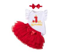 Generisch Bellissimo vestito di compleanno con gonna, comodo pagliaccetto perfetto per festeggiare il primo compleanno, elegante outfit da festa per bambini piccoli, Colore: rosso, 12-18 Mesi