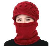 Generisch Berretto donna uomo donna sciarpa invernale per esterni tinta unita con rivestimento cappello, berretto lavorato a maglia integrato, Colore: rosso, Taglia unica