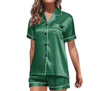 Generisch Biancheria da notte da donna, pantaloni corti, camicia da notte da donna a maniche corte, con bottoni, pigiama con colletto rovesciato, con tasca sul petto, vestibilità larga, vita