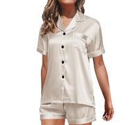 Generisch Biancheria da notte da donna, pantaloni corti, camicia da notte da donna a maniche corte, con bottoni, pigiama con colletto rovesciato, con tasca sul petto, vestibilità larga, vita