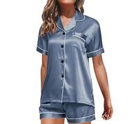 Generisch Biancheria da notte da donna, pantaloni corti, camicia da notte da donna a maniche corte, con bottoni, pigiama con colletto rovesciato, con tasca sul petto, vestibilità larga, vita