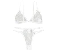 Generisch Biancheria intima sexy per donna a tre punti ricamo floreale reggiseno biancheria intima divisa set lingerie, Azzurro, S