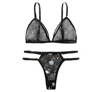 Generisch Biancheria intima sexy per donna a tre punti ricamo floreale reggiseno biancheria intima divisa set lingerie, Blu, L