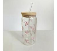Generisch Bicchiere da 16 oz con coperchio e cannuccia - Bow Design, riutilizzabile ed ecologico, vetro Matcha & Bubble Tea Bolle, elegante per caffè, cocktail ecc