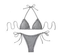 Generisch Bikini a righe con top a triangolo profondo e mutandine legate sul retro per costumi da bagno, Nero , L
