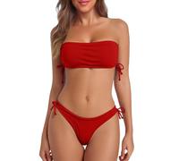 Generisch Bikini a vita alta, in tinta unita, due pezzi, con bikini a vita alta, per una perfetta vacanza in spiaggia, push up, Colore: rosso, XL