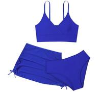Generisch Bikini avvolgente a tre pezzi con gonna a volant per ragazze come elegante costume da bagno, Blu, 9-10 Anni
