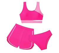 Generisch Bikini da bambina a tre pezzi con pantaloncini, costume da bagno per ragazzi e adolescenti, rosa intenso, 5-6 Anni